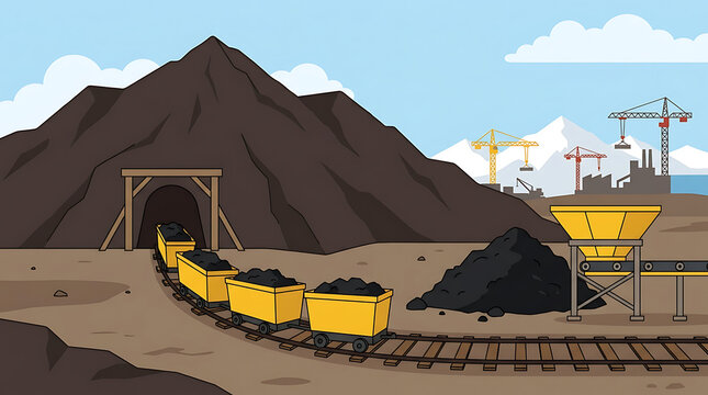 Coal mining industry scene with mine entrance, train carts filled with coal, and industrial equipment