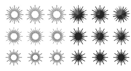 Collection of Diverse Sunburst and Starburst Shapes with Radiating Lines, Isolated White Background. © ILHAM