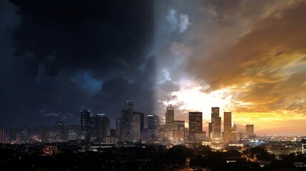 Fototapeta premium A city skyline transitions from night to day, with stars and dark clouds on one side and a bright sunrise on the other, highlighting urban contrast and time change.