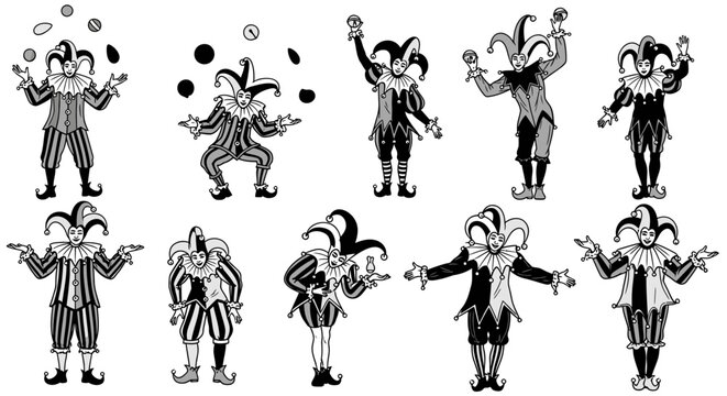 Collection of cheerful jesters and clowns performing various actions, isolated white background