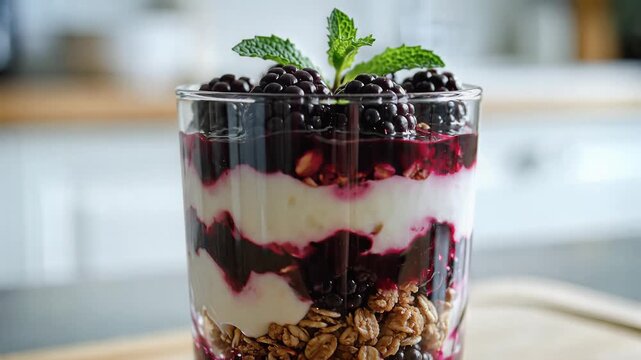 Layered berry parfait with yogurt and granola healthy breakfast dessert refreshing sweet treat