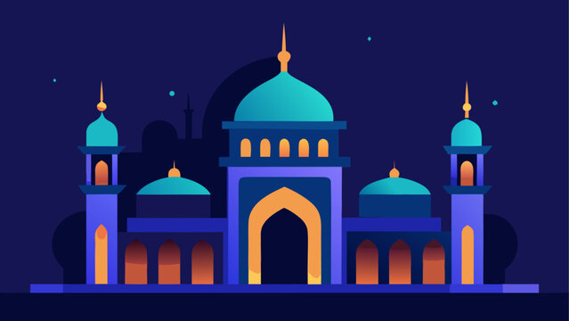 Illustration of a blue mosque at night