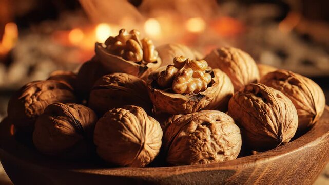 Pile of whole and shelled walnuts in wooden bowl warm lighting