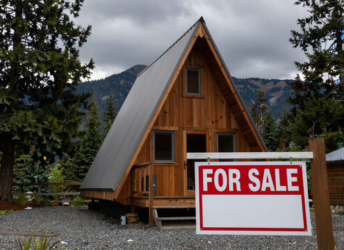 Charming A Frame Mountain Home Featuring For Sale Sign In Front Yard Rustic Real Estate Listing