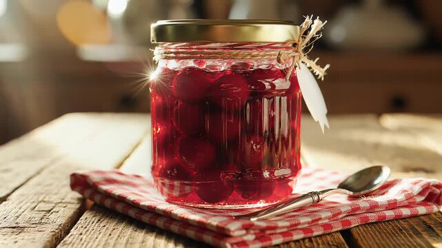Preserved fruit jar with spoon and gingham cloth on rustic table