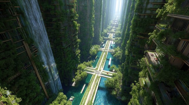 A futuristic city overgrown with lush greenery, featuring waterways and waterfalls integrated into high-rise buildings, blending nature with urban architecture.