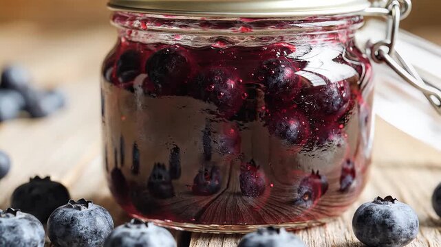 Preserved blueberry fruit spread in glass jar with fresh berries scattered on wooden surface