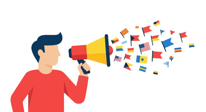 Global Communication and International Marketing Concept with Man Holding Megaphone and World Flags Flying Out