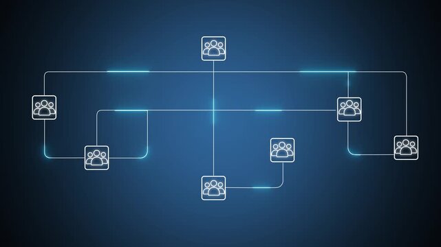 Corporate organizational chart animation with glowing network connections and team business structure