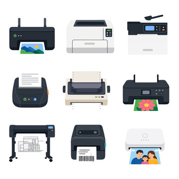 Colorful illustration of various printer types and models
