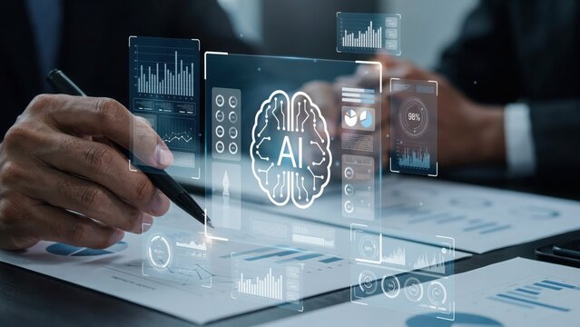 Professional person working with artificial intelligence brain data on digital desk