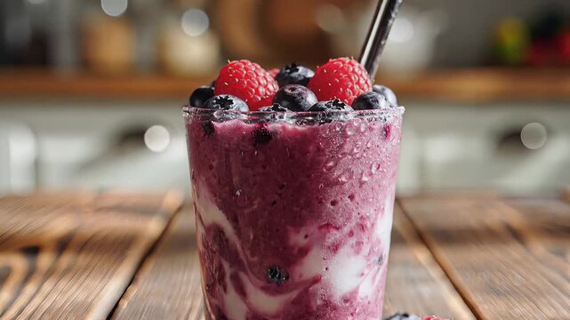 Refreshing berry smoothie drink with fresh fruit topping and garnish on wooden table background