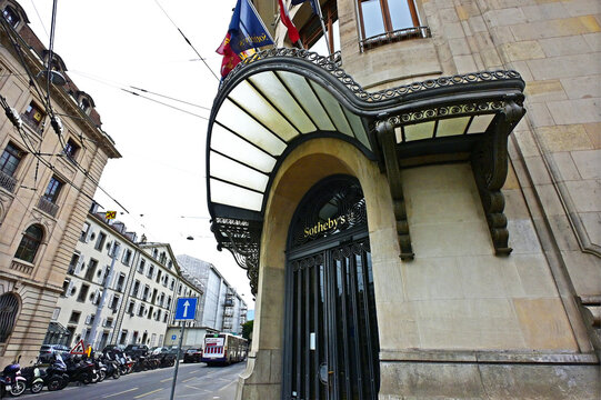 Geneva, Switzerland, Europe -  05.2026 : Entrance to Sotheby's Geneva at Rue Fran&ccedil;ois-Diday, British founded American company (1744) world's top auction house of art and luxury goods 