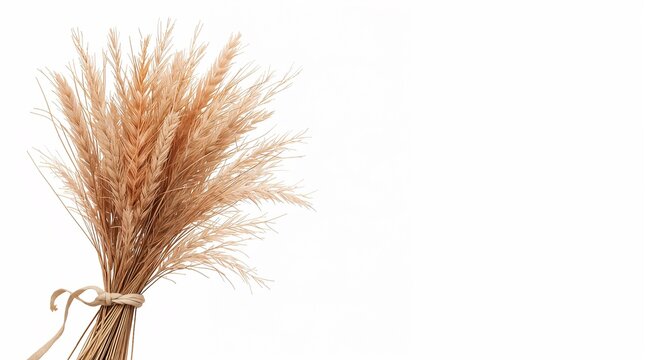 Dried wheat bundle tied with natural ribbon on white background
