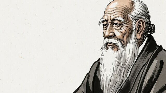 Traditional master looking forward wearing dark robes portrait.