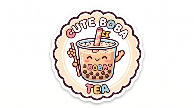 Refreshing boba tea character with a cute face sticker