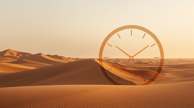 Transparent clock face overlaying golden desert dunes at sunset time management concept