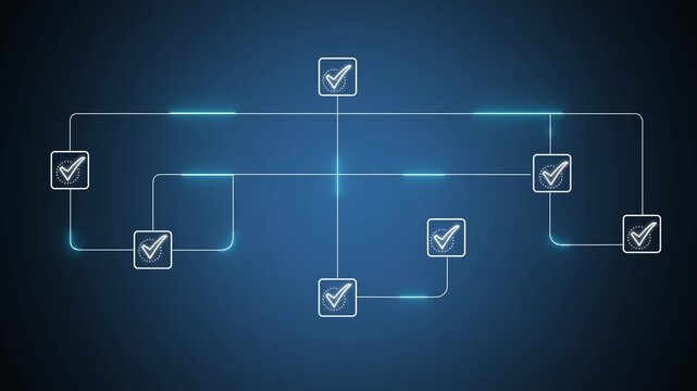Digital workflow process infographic with animated checkmarks and glowing network connections checklist