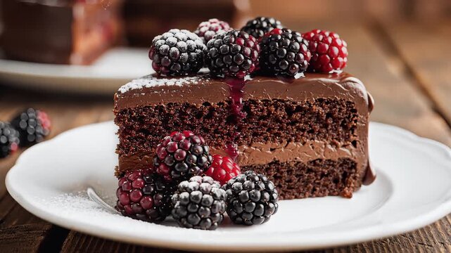 Rich chocolate cake slice garnished with berries and powdered sugar dessert food