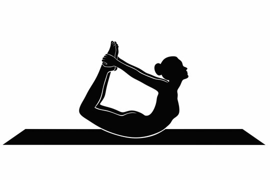 Silhouette of a woman practicing yoga bow pose on a mat isolated on white background