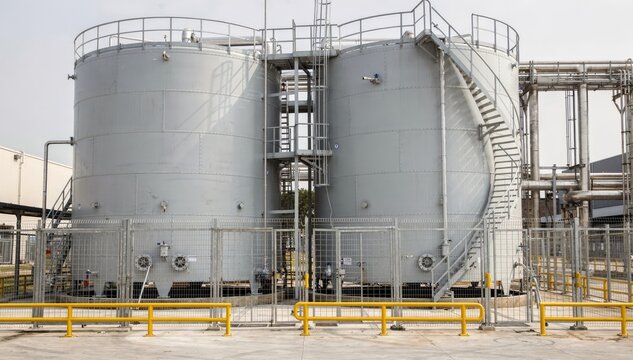 Medium shot of insulated ethanol storage tanks surrounded by safety fences and maintenance walkways in an outdoor facility.