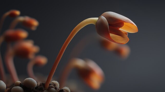 Close-up of a delicate mushroom growing from the soil with soft lighting emphasizing its smooth cap and slender stem against a dark background.