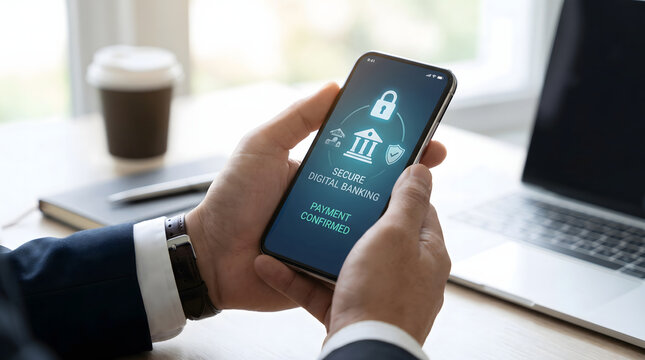 Close-up of a professional person using a smartphone for secure digital banking and payment confirmation in an office setting