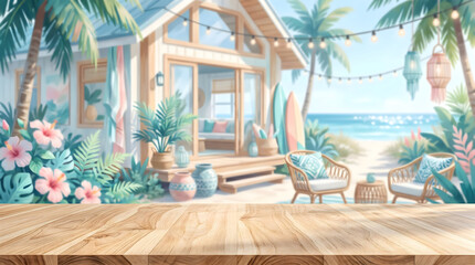 Fototapeta premium Empty wooden tabletop product display with blurred tropical beach bungalow background for summer brand marketing