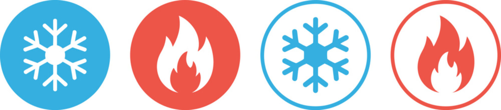 Hot, and cold icon set, temperature control symbols with fire and snowflake signs for heating cooling system thermostat and air conditioning UI design.
