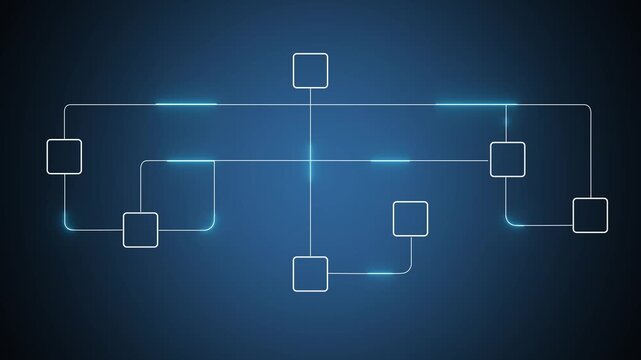 Digital network flow chart with glowing data nodes and connected lines for tech background connection