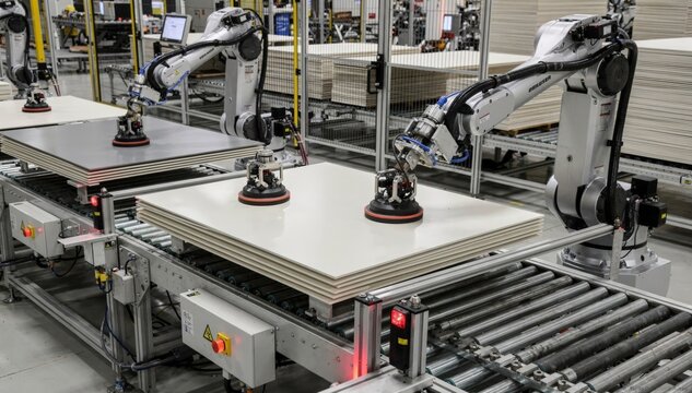 Medium shot featuring mixedsize panels being efficiently fed and transferred by versatile robotic arms equipped with combined vacuum and clamp grippers highlighting flexible