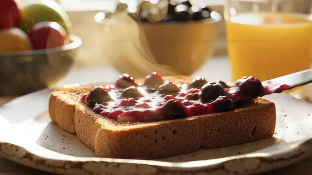 Spreading sweet fruit preserve on toasted bread slice for breakfast meal preparation close up
