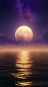Moon shining above the ocean beneath a colorful purple sky, vertical video featuring tranquil sea reflections, dreamy twilight atmosphere and breathtaking celestial beauty