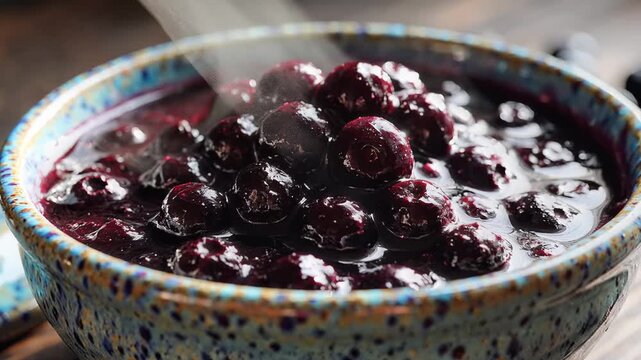 Steaming bowl of dark berry compote rich in color and texture
