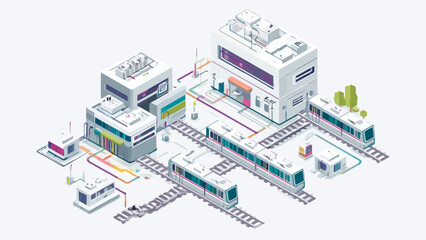 An isometric view of a modern urban transit station with trains and buildings © fatonah