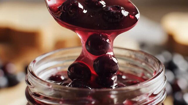 Sweet berry preserve dripping from spoon into glass jar delicious breakfast spread