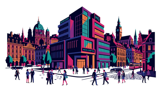 Vibrant Corporate Cityscape Vector Illustration with Busy Professionals Crossing Modern HQ Building business urban architecture people walking digital aesthetic geometric