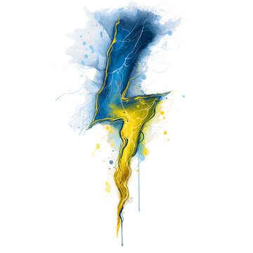 Abstract blue and yellow watercolor lightning bolt isolated on white background