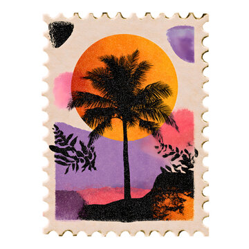 Tropical palm tree postage stamp illustration isolated on white background