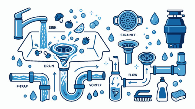 Blue line art illustration of kitchen sink plumbing system diagram with pipes and faucet.