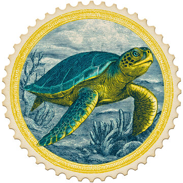 Sea turtle postage stamp illustration isolated on white background