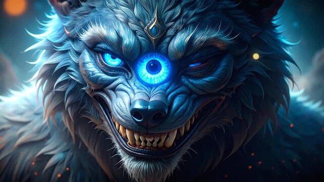 Ferocious Blue Wolf Head with Glowing Eye Roaring from Dark Abstract Energy Background