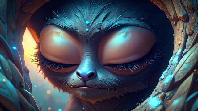 Mysterious Creature Face Sleeping or Meditating in a Dark Enchanted Forest Setting