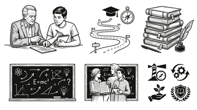 Education and learning concepts illustrated with sketches.