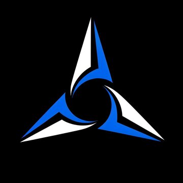 Abstract 3 pointed star logo design with blue and white sharp geometric wings rotating tri arrow icon isolated on black background