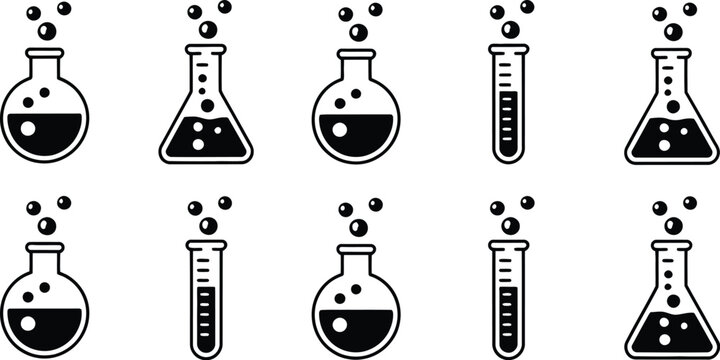 Laboratory equipment icon set, chemical flasks test tubes and beakers symbols for science research lab experiments and medical analysis design.