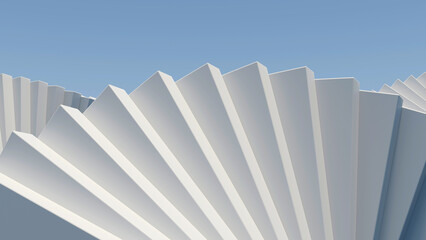Abstract 3D render of white geometric fan-shaped blocks forming a wavy structure against a clear blue sky, modern minimalist architecture concept