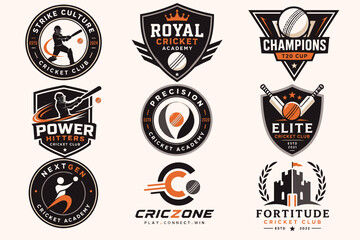 Naklejka premium A collection of nine diverse cricket club and academy logos featuring bats, balls, players, and shields in a dark and orange color palette.