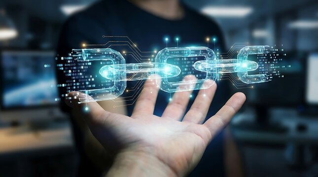 Human hand holding glowing digital chain links with binary code data floating above palm inside dark office environment.