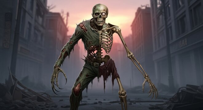 Cybernetic Warrior Standing in Futuristic Ruined City at Sunset with Dramatic Lighting